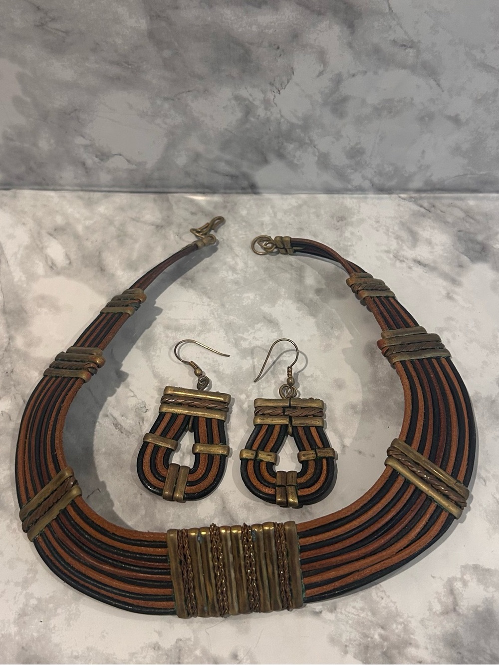 Brown & Black Multi-Strand Statement Necklace with Matching Earrings